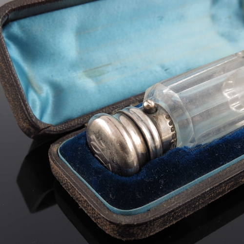 92 - A Victorian silver and glass double ended scent bottle, Sampson Mordan, London 1875, slice cut cylin... 