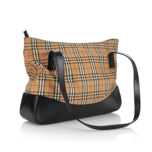 15 - Burberry, a Haymarket tote, featuring maker's Haymarket check canvas exterior with black cross-grain... 