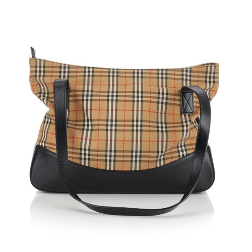 15 - Burberry, a Haymarket tote, featuring maker's Haymarket check canvas exterior with black cross-grain... 