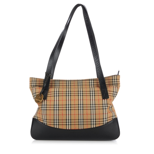 15 - Burberry, a Haymarket tote, featuring maker's Haymarket check canvas exterior with black cross-grain... 