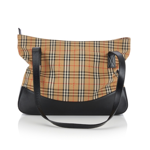 15 - Burberry, a Haymarket tote, featuring maker's Haymarket check canvas exterior with black cross-grain... 
