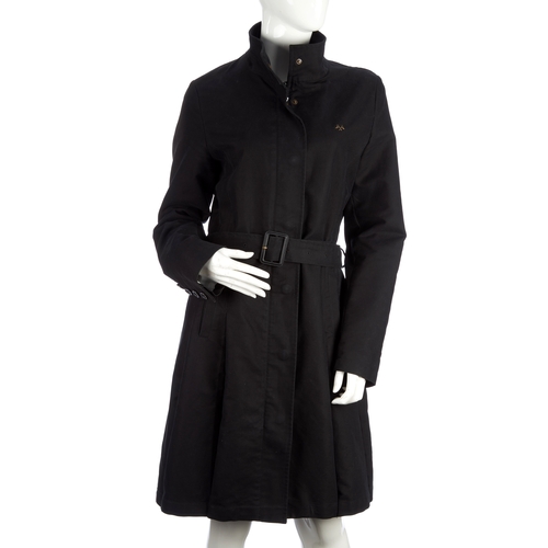 17 - Thomas Burberry, a ladies navy blue, knee-length coat, featuring a Mandarin collar, front zip and bu... 
