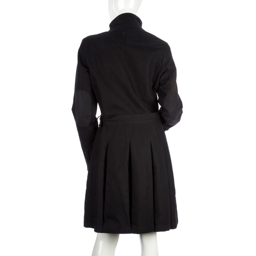 17 - Thomas Burberry, a ladies navy blue, knee-length coat, featuring a Mandarin collar, front zip and bu... 
