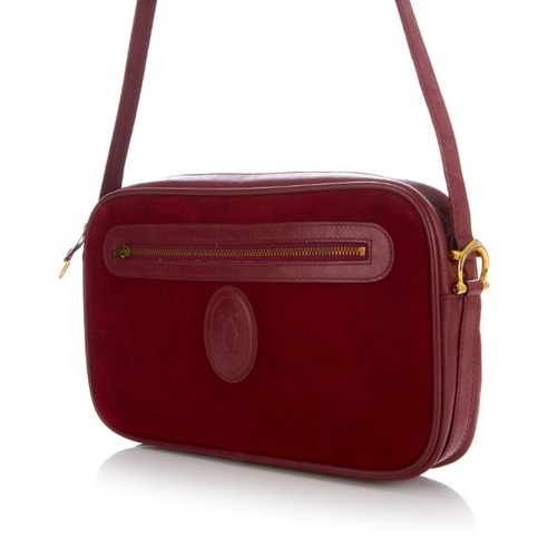 27 - Cartier, a vintage Bordeaux camera bag, crafted from burgundy suede with smooth burgundy leather tri... 