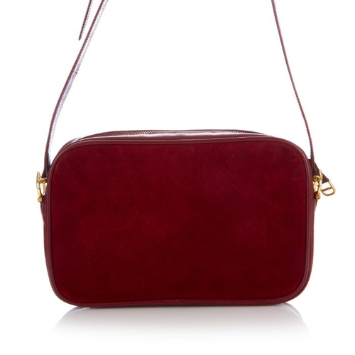 27 - Cartier, a vintage Bordeaux camera bag, crafted from burgundy suede with smooth burgundy leather tri... 