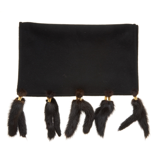 7 - Aquascutum, a black wool shawl, featuring mink fur tassels at either end, measuring 38 by 187cm
