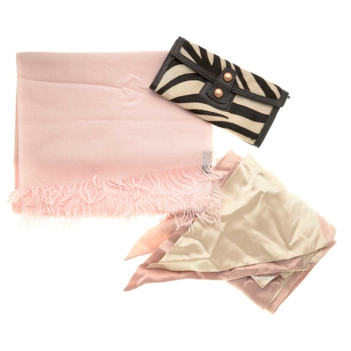 184 - Jaeger, a wallet and four scarves, to include a black and white wallet, featuring a zebra patterned ... 
