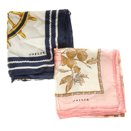 185 - Jaeger, four silk scarves, two include a pink and white floral scarf and a white a blue nautical sca... 