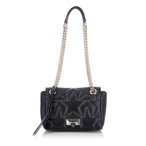 187 - Jimmy Choo, a black Helia handbag, designed with a black leather exterior featuring silver-tone stud... 