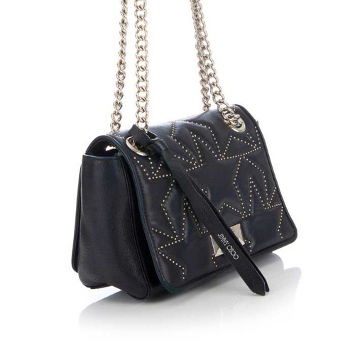 187 - Jimmy Choo, a black Helia handbag, designed with a black leather exterior featuring silver-tone stud... 