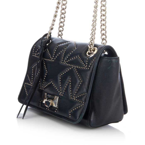 187 - Jimmy Choo, a black Helia handbag, designed with a black leather exterior featuring silver-tone stud... 