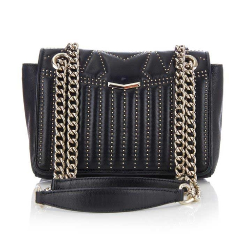 187 - Jimmy Choo, a black Helia handbag, designed with a black leather exterior featuring silver-tone stud... 