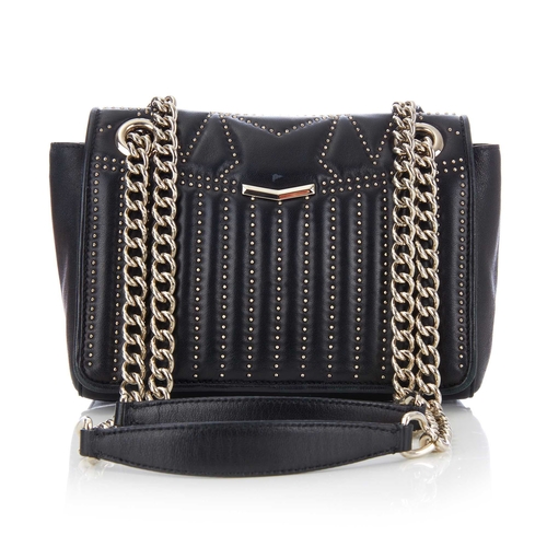 187 - Jimmy Choo, a black Helia handbag, designed with a black leather exterior featuring silver-tone stud... 