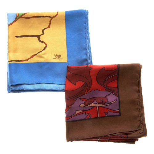 195 - Liberty of London, two silk scarves, to include a multicoloured scarf featuring a boat on water, tog... 