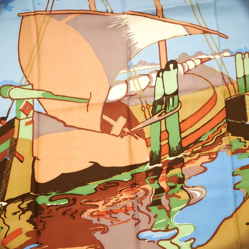 195 - Liberty of London, two silk scarves, to include a multicoloured scarf featuring a boat on water, tog... 