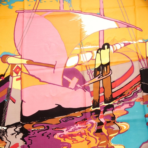 196 - Liberty of London, two silk scarves, to include a multicoloured scarf featuring a boat on water, tog... 