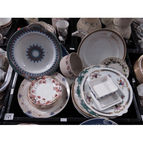 121 - A large collection of sundry 19th & 20th century pottery and china dinner and tea wares.  (2 trays)