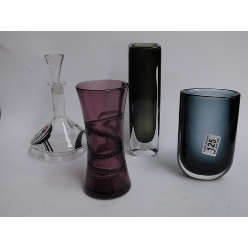 125 - Nils Landberg for Orrefors, a sommerso glass vase, a pewter glass vase, and an amethyst trailed glas... 