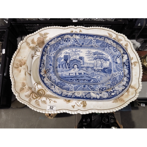 52 - Staffordshire blue and white oval platter, circa 1850, decorated with fishing barges and figures on ... 