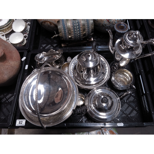 82 - A collection of silver plated tea and table ware, including teapots, bread baskets, bon bon dishes, ... 