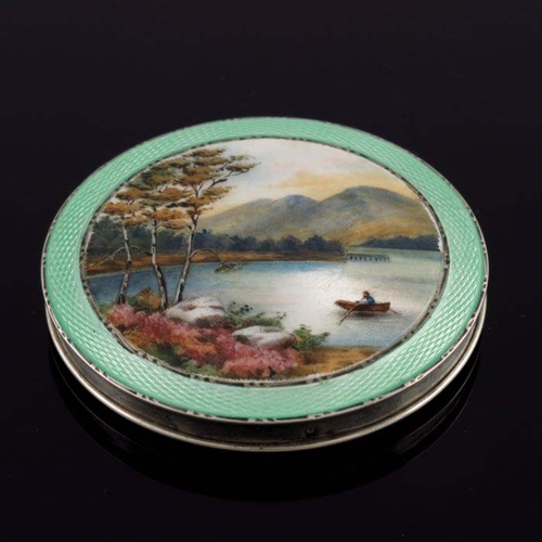 109 - A George V silver and enamelled compact, Henry Clifford Davis, Birmingham 1936, circular, the lid pa... 