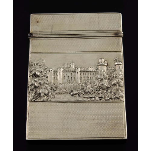 132 - A Victorian silver castle embossed card case, Nathaniel Mills, Birmingham 1851, rectangular with eng... 