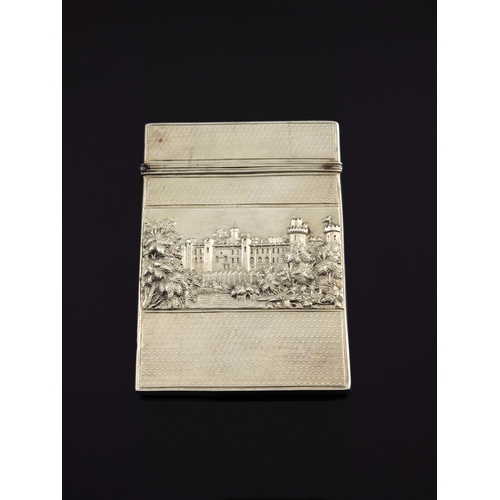 132 - A Victorian silver castle embossed card case, Nathaniel Mills, Birmingham 1851, rectangular with eng... 