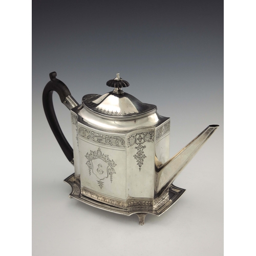 136 - A George III silver teapot and stand, Timothy Renou, London 1794, canted cuboid form, bright cut dec... 