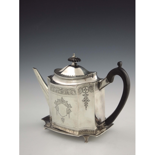 136 - A George III silver teapot and stand, Timothy Renou, London 1794, canted cuboid form, bright cut dec... 