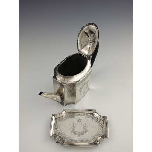 136 - A George III silver teapot and stand, Timothy Renou, London 1794, canted cuboid form, bright cut dec... 