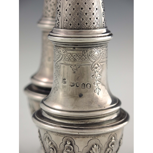 137 - A pair of Victorian silver casters, Robert Garrard II, London 1856, cast baluster form, engraved wit... 