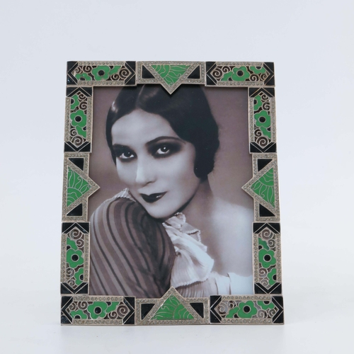 166 - A French Art Deco enamelled and rhinestone set silver plated photo frame, rectangular form, geometri... 