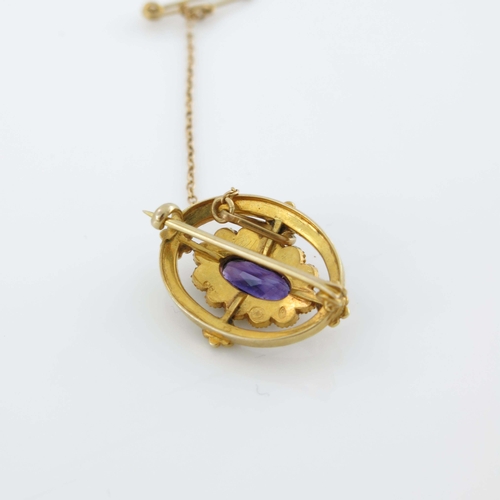 177 - Murrle Bennett and Co., a gold, amethyst and split pearl brooch, the central facet cut stone within ... 