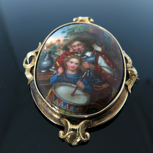 178 - A late 19th Century hard paste porcelain brooch, painted with a tavern scene with Cavalier and boy w... 