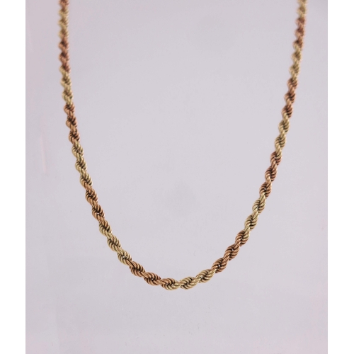 180 - A 14 carat rose and yellow gold ropetwist chain necklace and earrings, 45cm long, 12.8g (3)