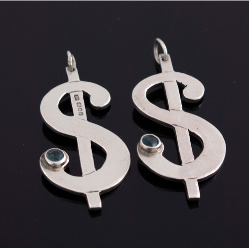 192 - A pair of Modernist silver and gem set earring, Guild of Handicraft, London 1998, dollar signs set w... 