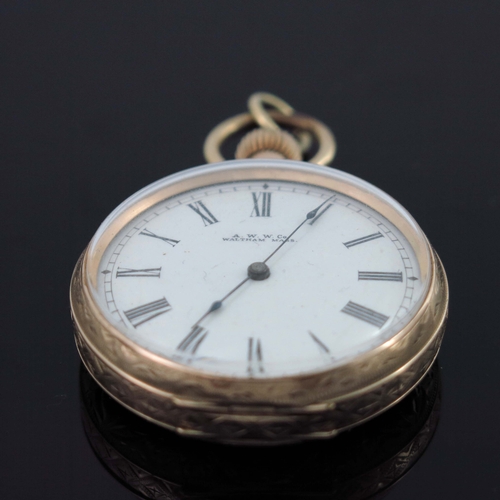 196 - Waltham, a 10 carat gold pocket watch, signed American Waltham Watch Co., white enamelled dial, chas... 