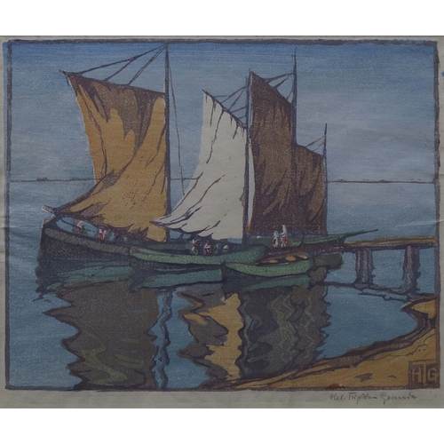 224 - Helen Tupke-Grande (German, 1871-1946), Sailboats, signed l.r., woodcut in colour, 20 by 24cm, frame... 