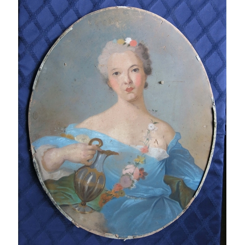 242 - British School, circa 1770, portrait of a young lady, bust length in a blue dress holding an ewer, o... 