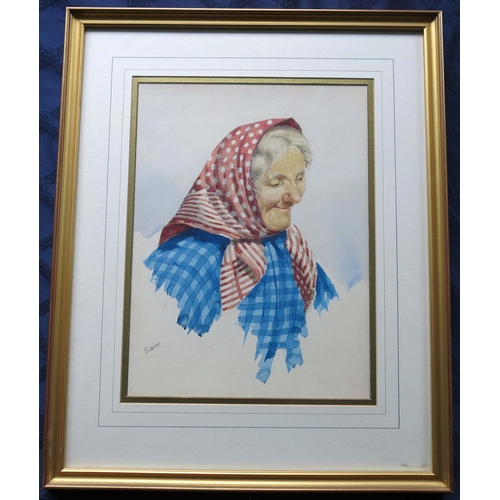 246 - Gianni (Italian, 20th Century), portraits of an elderly lady wearing a white spotted headscarf, two ... 