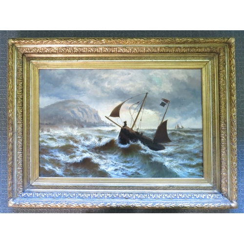 286 - Thomas Rose Miles (British, act.1869-1906), fishing boat in a heavy swell, signed l.l., oil on re-li... 