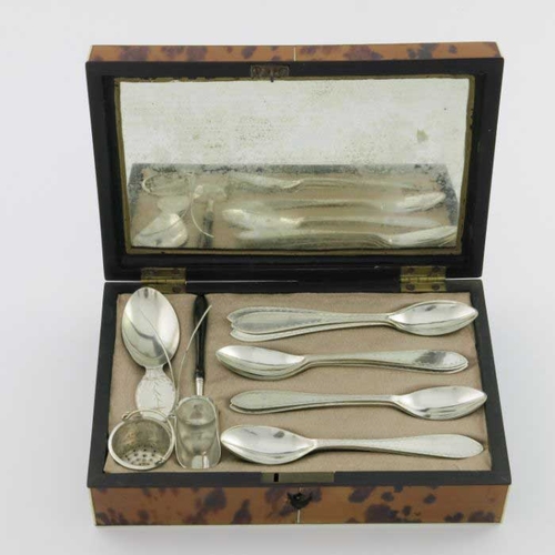 17 - An early 19th century tortoiseshell cased Dutch silver tea accoutrement set, 1816 to 1830, including... 