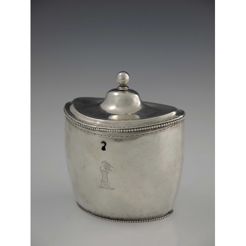 19 - A Dutch silver tea caddy, Diemont, Amsterdam 1805, oval barrel form, with ogee domed lid, bright cut... 