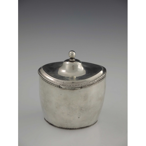 19 - A Dutch silver tea caddy, Diemont, Amsterdam 1805, oval barrel form, with ogee domed lid, bright cut... 