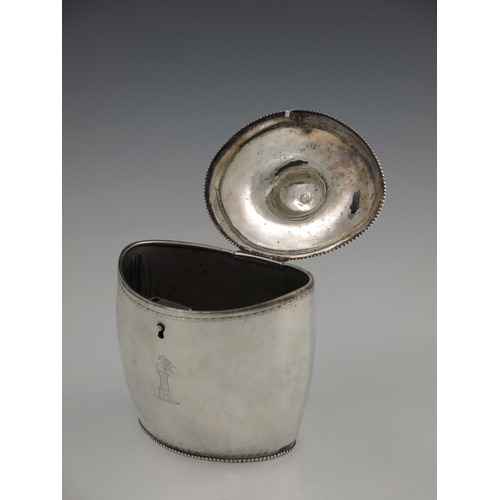 19 - A Dutch silver tea caddy, Diemont, Amsterdam 1805, oval barrel form, with ogee domed lid, bright cut... 