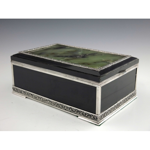 30 - A large Soviet Russian silver, green hardstone and onyx casket, St Petersburg circa 1955, cuboid for... 