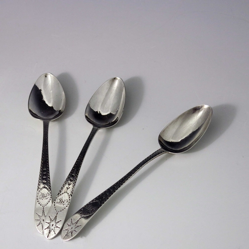 36 - A set of three George III Irish silver spoons, John Shiels, Dublin 1793, bright cut Celtic Point pat... 