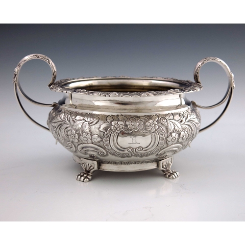 38 - A George IV Irish silver twin handled bowl, James Le Bas, Dublin 1824, squat shouldered form with do... 