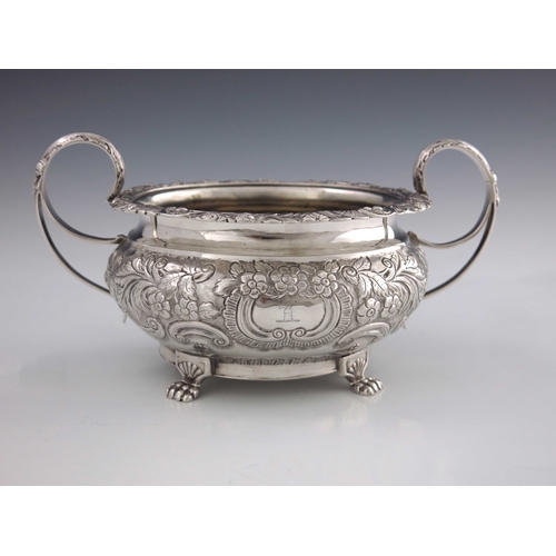 38 - A George IV Irish silver twin handled bowl, James Le Bas, Dublin 1824, squat shouldered form with do... 