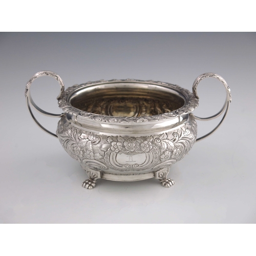 38 - A George IV Irish silver twin handled bowl, James Le Bas, Dublin 1824, squat shouldered form with do... 